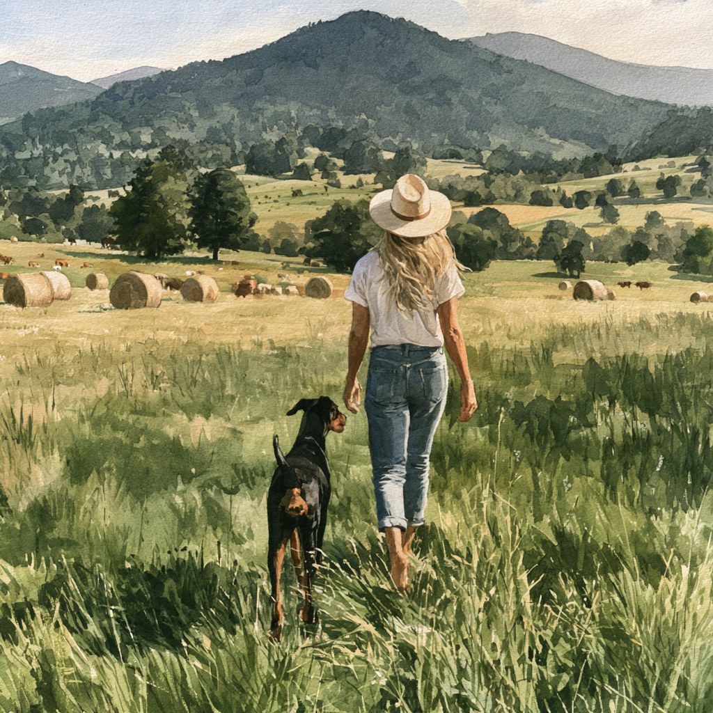 A watercolor of a woman walking through tall summer grass with a dog beside her, hay bales and cattle in the middle distance, wooded Blue Ridge mountains behind